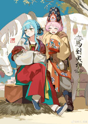  2girls absurdres alternate_costume alternate_hairstyle animal averting_eyes bang_dream! bang_dream!_it's_mygo!!!!! black_ribbon blue_hair blue_shoes boots braid brown_boots chihaya_anon chinese_commentary chinese_new_year chinese_zodiac closed_eyes closed_mouth clothing_request commentary_request crossed_arms day dress full_body grumpy hair_rings hat highres horse long_hair long_sleeves looking_to_the_side multiple_girls open_mouth outdoors pants pink_hair rakuichi red_dress ribbon shoe_soles shoes sidelocks sitting sky sleeves_past_fingers sleeves_past_wrists standing togawa_sakiko tree year_of_the_horse yellow_eyes 