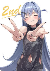  1girl absurdres black_nails black_shirt blue_hair blush closed_eyes commentary_request double_v facing_viewer fang hair_ornament hairclip highres long_hair navel sakahana shirt sleeveless smile solo torn_clothes torn_shirt v virtual_youtuber vspo! white_background yano_kuromu yano_kuromu_(1st_costume) 