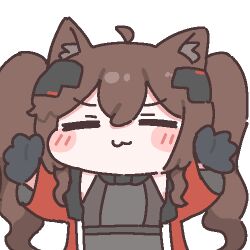  1girl :d ahoge angelina_(arknights) animal_ear_fluff animal_ears arknights arknights:_endfield black_gloves blush_stickers brown_hair chibi chibi_only closed_eyes coat dress facing_viewer fox_ears fox_girl gilberta_(arknights) gloves grey_dress hands_up hashtag-only_commentary headpiece hodumileu lowres open_clothes open_coat red_coat simple_background smile solo twintails upper_body white_background 