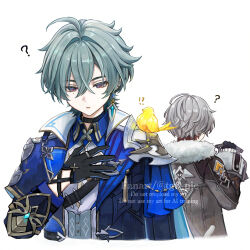  !? 2boys :o ? ahoge animal_on_shoulder armor artist_name bird bird_on_shoulder black_choker black_gloves blue_cape blue_coat blue_shirt cape choker coat collared_shirt commentary_request crossed_bangs earrings eyelashes facing_away fur-trimmed_coat fur-trimmed_sleeves fur_trim genshin_impact gloves grey_coat grey_hair hair_between_eyes hair_intakes hand_up highres holding holding_lantern illuga_(genshin_impact) jewelry lantern lapels lohen_(genshin_impact) long_sleeves male_focus mole mole_under_eye multicolored_hair multiple_boys open_clothes open_coat open_mouth pauldrons red_hair ring shirt short_hair shoulder_armor simple_background single_earring single_pauldron tassel tgf_pic twitter_username two-tone_hair upper_body watermark white_background wing_collar 