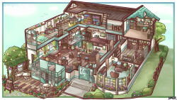  1girl 1other apron bed book bookshelf border brown_hair bush cabinet cafe chair chigu clock collared_shirt commentary_request commission couch creature cup cupboard dairoku_ryouhei floorplan garden highres ladder lamp mug musical_note on_chair outside_border picture_frame plant ponytail potted_plant shirt sign sink sitting spoken_musical_note tree window 