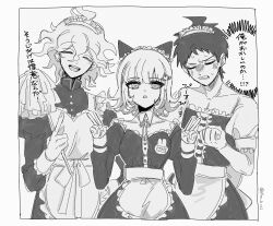  1girl 2boys :d :o absurdres ahoge apron blush clenched_teeth collarbone commentary_request danganronpa_(series) danganronpa_2:_goodbye_despair double_v dress hair_ornament highres hinata_hajime komaeda_nagito maid maid_headdress messy_hair multiple_boys nanami_chiaki puffy_short_sleeves puffy_sleeves shoki_(user_asjs7487) short_hair short_sleeves smile speech_bubble sweat teeth translation_request upper_teeth_only v waist_apron 