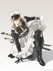  1boy absurdres alkaid_mcgrath alkaid_mcgrath_(infinite_empire) alternate_costume apron apron_hold belt black_belt black_boots black_dress black_gloves blonde_hair boots chinese_commentary collared_dress commentary_request crossdressing crossdressing_(mtf) dress enmaided frilled_apron frills gloves green_eyes grey_background hair_between_eyes hair_over_shoulder hand_on_ground hat high_contrast highres holster knee_boots long_sleeves looking_ahead lovebrush_chronicles low_ponytail maid maid_apron male_focus male_maid medium_hair military_hat multiple_swords necktie on_one_knee pants pants_tucked_in parted_lips peaked_cap ponytail shadow sheath sheathed shishang_zui_shuai_ke_ji shoulder_holster simple_background sleeve_cuffs sleeve_garter solo tactical_maid unconventional_maid watermark weibo_watermark white_apron white_pants yellow_necktie 