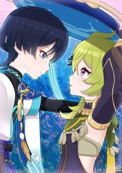  1boy 1girl absurdres ahoge animal_print arm_up armlet artist_name bandeau bird_print black_bodysuit black_bow black_dress black_hair black_shorts black_sleeves blue_cape blue_eyes blue_gem blue_hat blue_kimono blue_pupils blue_sleeves blunt_ends body_markings bodysuit bow bracelet cape capelet closed_mouth collar collei_(genshin_impact) commentary_request dated detached_sleeves dress eyelashes eyeliner feathers fringe-trimmed_capelet from_side furisode gem genshin_impact glint glowing_markings gold gold_collar gold_trim green_capelet green_hair green_hood grey_bandeau hat heart hetero highres hood hood_down hooded_capelet improvised_umbrella japanese_clothes jewelry jingasa juban kabedon kimono layered_sleeves lens_flare light_blush looking_at_another makeup mandarin_collar open_clothes open_kimono open_mouth pink_eyes pom_pom_(clothes) profile purple_rope purple_sash red_eyeliner rope sash scaramouche_(genshin_impact) shared_hat short_hair short_sleeves shorts sideways_mouth star_(symbol) tassel teeth tsurime upper_teeth_only vision_(genshin_impact) wanderer_(genshin_impact) white_kimono white_sleeves white_trim yellow_feathers yuuya_meiqyuu 