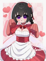  1girl alt_0218 alternate_costume black_hair braid dress glasses highres kirby_(series) kirby_64 long_hair looking_at_viewer low_twin_braids maid ripple_star_queen simple_background sleeves_past_fingers sleeves_past_wrists twin_braids violet_eyes wings 