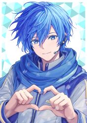  1boy absurdres blue_eyes blue_hair blue_nails blue_scarf border closed_mouth coat commentary_request double-parted_bangs four-finger_heart_hands hair_between_eyes headset heart heart_hands highres kaito_(vocaloid) long_sleeves male_focus nail_polish no_renor_en scarf short_hair sleeve_cuffs smile solo upper_body vocaloid white_border white_coat 