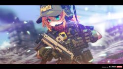  1girl absurdres bandana baseball_cap black_shirt blue_eyes blurry blurry_background blush brown_gloves closed_mouth commentary_request day depth_of_field ear_protection english_text freckles gloves green_hat gun h&amp;k_mp7 hair_between_eyes hat headset highres holding holding_gun holding_weapon iwasawayuki letterboxed orange_hair original outdoors police ponytail shirt short_sleeves solo submachine_gun trigger_discipline upper_body weapon 