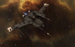 3d attack_ship_(eve_online) battleship_(eve_online) brown_background brown_theme caldari_state_(eve_online) cloud_background clouds commentary english_commentary eve_online flying glowing highres ishukone_corporation_(eve_online) military_vehicle nebula outdoors radio_antenna raven_(eve_online) realistic sky spacecraft star_(sky) starry_sky_background thrusters vankaiser vehicle_focus 