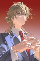  1boy absurdres baozaohuang blue_eyes blue_jacket brown_hair character_request check_character closed_mouth collared_shirt commentary glasses gradient_background hair_between_eyes hair_bun highres interlocked_fingers jacket kanae_(nijisanji) looking_at_viewer male_focus necktie nijisanji rectangular_eyewear red_background red_necktie shirt single_hair_bun solo two-tone_background untranslatable_commentary white_shirt 