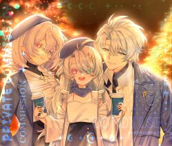  1boy 2girls :d absurdres antenna_hair blue_cloak blue_coat blue_eyes bow braid character_request christmas_lights christmas_tree cloak closed_mouth coat colored_eyelashes commission cup english_commentary hair_ornament heterochromia highres holding holding_cup honkai:_star_rail honkai_(series) husband_and_wife long_hair looking_at_another looking_at_viewer miroir_(momisuyu) mixed-language_commentary momisuyu multiple_girls original phainon_(honkai:_star_rail) pink_eyes pointy_ears round_eyewear short_hair single_braid smile star_(symbol) star_hair_ornament teeth upper_body upper_teeth_only very_long_hair vietnamese_commentary white_bow white_eyelashes white_hair winter_clothes 