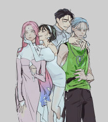  2boys 2girls alien_stage artist_name black_hair black_pants black_tank_top blue_hair closed_eyes commentary dress ewltrqat forehead_jewel gloves green_eyes green_tank_top grey_hair hand_on_another's_face headset ivan_(alien_stage) juliet_sleeves layered_clothes long_hair long_sleeves microphone mizi_(alien_stage) multiple_boys multiple_girls pants pink_dress pink_hair puffy_sleeves shirt short_hair sua_(alien_stage) tank_top till_(alien_stage) turtleneck turtleneck_dress two-tone_dress very_long_hair white_dress white_gloves white_shirt yellow_eyes 