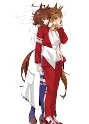  2girls agnes_tachyon_(umamusume) animal_ears arms_around_waist blank_speech_bubble blush brown_hair brown_shoes closed_eyes closed_mouth commentary covering_face english_commentary highres horse_ears horse_girl horse_tail hug hug_from_behind jacket jungle_pocket_(umamusume) lab_coat medium_hair multiple_girls open_mouth pants purple_skirt purple_thighhighs red_eyes red_jacket red_pants red_shoes seijousai shirt shoes simple_background skirt smile speech_bubble tail thigh-highs track_jacket track_pants umamusume white_background white_shirt yuri 
