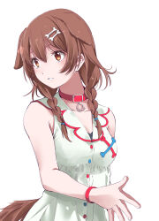  1girl absurdres animal_collar animal_ears bone_hair_ornament braid braided_twintails brown_eyes brown_hair brown_tail buttons collar commentary dog_ears dog_girl dog_tail double-parted_bangs dress extra_ears fingernails hair_between_eyes hair_ornament hairclip hashtag-only_commentary hey_oh_much highres hololive inugami_korone inugami_korone_(1st_costume) long_hair looking_afar looking_to_the_side low_twin_braids low_twintails no_jacket open_hands own_hands_clasped own_hands_together parallel_hairclips red_collar simple_background sleeveless sleeveless_dress solo steepled_fingers tail twin_braids twintails untranslatable_commentary upper_body virtual_youtuber white_background white_dress wristband 
