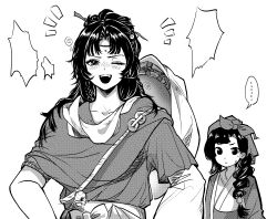  ... 2girls ;d absurdres blank_speech_bubble chinese_clothes chinese_commentary closed_mouth commentary_request dengdengdengdengdeng facial_mark forehead_mark greyscale hair_branch hanfu hat_on_back headscarf highres long_braid long_hair looking_at_another mayfly_(reverse:1999) mole mole_above_eye monochrome multiple_girls notice_lines one_eye_closed open_mouth paper_heron reverse:1999 smile speech_bubble spoken_ellipsis sweat teeth upper_body upper_teeth_only weimao white_background 