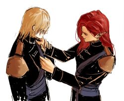  1boy blonde_hair cole_(dragon_age) cyq_kk dragon_age dragon_age:_inquisition elf facial_tattoo hair_over_eyes hetero holding_another's_wrist inquisitor_(dragon_age) long_hair pointy_ears red_hair short_hair sketch tattoo white_background 