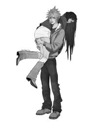  1boy 1girl alternate_costume black_hair blush carrying carrying_over_shoulder carrying_person casual cloud_strife couple final_fantasy final_fantasy_vii full_body fur-trimmed_hoodie fur_trim greyscale hands_on_another's_thighs hashtag-only_commentary hetero highres hood hood_down hoodie jewelry lips lockh4rtsslvt long_hair long_sleeves looking_at_viewer miniskirt monochrome pants parted_lips ring short_hair skirt socks spiky_hair standing tifa_lockhart white_background 