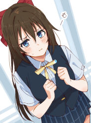 1girl :i blue_eyes blue_shirt blue_skirt blue_vest blush bow brown_hair clenched_hands closed_mouth collared_shirt hair_between_eyes hair_bow hands_up long_hair looking_at_viewer love_live! love_live!_nijigasaki_high_school_idol_club neck_ribbon nijigasaki_school_uniform osaka_shizuku plaid_clothes plaid_skirt red_bow ribbon school_uniform shirt short_sleeves sidelocks skirt skt_(ryxxxxx) solo vest yellow_ribbon 