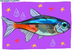  animal_focus border commentary english_commentary fish from_side full_body highres maggotmuncher0 no_humans original painterly purple_background simple_background sparkle star_(symbol) tetra_(fish) tropical_fish water_drop white_border 