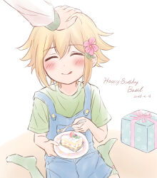  1boy 1other alternate_costume basil_(faraway)_(omori) basil_(omori) blonde_hair blue_overalls blush box cake cake_slice closed_mouth commentary dated double-parted_bangs english_commentary flower food fork gift gift_box green_shirt green_socks hair_between_eyes hair_flower hair_ornament hand_on_another's_head happy_birthday highres holding holding_fork holding_plate omori overall_shorts overalls plate segue5o shirt short_hair short_sleeves sidelocks sitting smile socks t-shirt tongue tongue_out wariza 