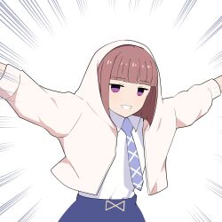  1girl barkhorn0331 blue_neckerchief blue_skirt blunt_bangs blunt_ends bob_cut brown_hair colored_skin commentary_request emphasis_lines grin highres hood hood_up ikizulive!_love_live!_bluebird jacket jitome looking_at_viewer love_high_school_uniform love_live! neckerchief no_pupils outstretched_arms sasaki_shion school_uniform shirt skirt smile solo spread_arms violet_eyes white_jacket white_shirt 