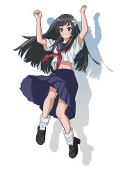  1girl absurdres arms_up black_hair black_shoes blue_eyes blue_sailor_collar blue_skirt chocolate-apple commentary_request flower full_body hair_flower hair_ornament highres loafers long_hair looking_at_viewer loose_socks midriff navel neckerchief parted_lips partial_commentary pleated_skirt red_neckerchief sailor_collar sakugawa_school_uniform saten_ruiko school_uniform serafuku shirt shoes skirt smile socks solo toaru_kagaku_no_railgun toaru_majutsu_no_index white_background white_shirt white_socks 