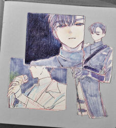  1boy alien_stage artist_name black_coat black_eyes black_hair black_shirt closed_mouth coat commentary ewltrqat fang fang_out holding holding_microphone ivan_(alien_stage) male_focus microphone multiple_views red_pupils shirt traditional_media white_shirt 