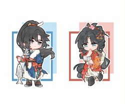  1boy 1girl animal arm_armor black_boots black_hair blue_eyes blue_robe boots cheng_heguang chibi chinese_clothes facial_mark feather_boa fish flower forehead_mark full_body grey_eyes hair_branch hair_flower hair_ornament hand_on_own_chin hanfu hat_on_back highres holding holding_animal holding_fish holding_sword holding_weapon long_hair looking_to_the_side mole mole_on_nose pants paper_heron pink_flower ponytail red_hanfu reverse:1999 robe sheath sheathed standing standing_on_one_leg sword very_long_hair weapon weimao white_background white_pants youranzi 