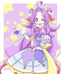  1girl ;d absurdres ahoge akechi_anna aqua_eyes aqua_trim back_bow bare_shoulders border bow brooch buttons capelet chinese_commentary commentary cowboy_shot cure_answer curtained_hair double-breasted double_bun dress fingerless_gloves glove_bow gloves gold_buttons hair_bun hair_flaps hair_intakes hair_ornament hand_up heart heart_brooch heart_in_eye highres impossible_hair index_finger_raised jewelry layered_dress long_hair looking_at_viewer magical_girl medium_dress meitantei_precure! one_eye_closed open_mouth outside_border pact_holder parted_bangs pointing pointing_at_viewer precure purple_background purple_bow purple_capelet purple_dress purple_hair sidelocks smile solo star_(symbol) star_symbol_background symbol_in_eye teeth thick_eyebrows upper_teeth_only white_border white_gloves wing_hair_ornament xiaofeng yellow_bow 