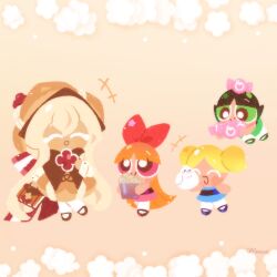  4girls bag bird black_hair blonde_hair blossom_cookie blue_dress bow bubbles_cookie buttercup_cookie candy caramel_choux_cookie closed_eyes cookie_run cookie_run:_ovenbreak dress floating food green_dress green_eyes hair_bow hat highres holding holding_bag mary_janes multiple_girls orange_hair pink_dress pink_eyes powerpuff_girls shoes short_hair short_twintails socks twintails white_socks yummybunny777 