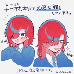  1boy :d blue_eyes blue_necktie blue_sweater highres hyoutenka_30-do_no_zetsubou looking_at_viewer medium_hair mitsudomoe_koubou mole mole_under_eye multiple_views necktie own_hands_together portrait red_hair sharp_teeth sleeves_past_wrists smile sparkling_eyes sweater teeth tonimura_yui translation_request 