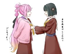  2girls adjusting_another's_clothes adjusting_neckerchief ahoge amane61115 anyoji_hime arms_behind_back black_hair black_ribbon blonde_hair blunt_bangs blunt_ends bob_cut brown_dress closed_eyes dress flower flower_knot gradient_hair green_eyes hair_flower hair_ornament hair_ribbon hasu_no_sora_school_uniform highres hood hood_down hooded_jacket jacket link!_like!_love_live! long_hair long_sleeves looking_at_another love_live! momose_ginko multi-tied_hair multicolored_hair multiple_girls neckerchief open_clothes open_jacket open_mouth pink_flower pink_hair pink_jacket ponytail profile ribbon sailor_collar sailor_dress school_uniform short_hair simple_background translation_request very_long_hair virtual_youtuber white_background white_sailor_collar winter_uniform yellow_neckerchief 