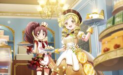  2girls anime_coloring apple_pie apron argyle_ascot argyle_clothes artist_request ascot bakery bare_shoulders belt beret blonde_hair bow brooch brown_ascot brown_bow brown_hat brown_skirt buttons cash_register chandelier chef_hat collared_shirt commentary cowboy_shot display_case dot_nose double-breasted drill_hair fang flower flower_brooch flower_button food food-themed_clothes food-themed_hair_ornament frilled_shirt frilled_skirt frills fruit gem gift gloves gold_buttons green_ascot grin hair_bow hair_flower hair_ornament hair_over_shoulder hand_on_own_hip happy hat hat_flower high_side_ponytail highres holding holding_plate indoors jewelry lace-trimmed_apron lace-trimmed_headwear lace-trimmed_skirt lace-trimmed_wrist_cuffs lace_trim layered_skirt lemon lemon_slice light_blush light_particles long_hair mahou_shoujo_madoka_magica mahou_shoujo_madoka_magica_(anime) mahou_shoujo_madoka_magica_magia_exedra medium_skirt menu_board mini_chef_hat mini_hat miniskirt multiple_girls official_alternate_costume official_art pie plaid_bow plate pleated_skirt pom_pom_(clothes) puffy_short_sleeves puffy_sleeves red_ascot red_belt red_bow red_eyes red_gem red_hair red_skirt red_wrist_cuffs ribbon-trimmed_skirt ribbon_trim rose sakura_kyoko sakura_kyoko_(crimson_confectioner) shirt shop short_sleeves single_stripe skirt sleeve_bow sleeveless sleeveless_shirt smile standing striped_ascot striped_clothes striped_headwear studded_belt thigh_belt thigh_strap third-party_source tomoe_mami tomoe_mami_(panna_vorticosa) tsurime twin_drills two-tone_ascot two-tone_bow two-tone_skirt vertical-striped_clothes vertical-striped_headwear waist_apron waist_bow white_apron white_bow white_flower white_gloves white_hat white_shirt white_skirt wrist_cuffs yellow_bow yellow_flower yellow_rose yellow_wrist_cuffs 
