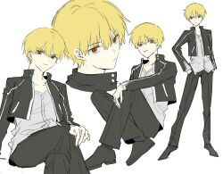  1boy black_jacket black_pants black_shoes blonde_hair cropped_jacket crossed_legs explosion fate/stay_night fate_(series) full_body grey_shirt head_only high_collar highres hkg4235 jacket looking_at_viewer looking_to_the_side male_focus multiple_expressions multiple_views pants red_eyes shirt shoes simple_background smile smirk white_background 