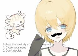  1boy :d androgynous animification black_sleeves black_trim blonde_hair blue_eyes blush chinese_commentary chiyan00970 commentary_request double-parted_bangs english_text eyes_visible_through_hair fake_facial_hair fake_mustache hair_between_eyes hair_intakes hand_up head_tilt large_forehead long_sleeves looking_at_viewer male_focus open_mouth pale_skin portrait raglan_sleeves randy_stair real_life shirt short_hair sidelocks simple_background sleeves_past_wrists smile solo straight-on tongue true_crime two-tone_shirt v-shaped_eyebrows white_background white_shirt 