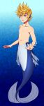  1boy aquajet blonde_hair blue_background blue_eyes commission fins full_body gills head_fins highres kingdom_hearts male_focus merman monster_boy navel no_nipples open_mouth roxas scales solo spiky_hair tail the_little_mermaid topless_male webbed_hands 