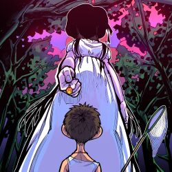  1boy 1girl absurdres black_hair breasts brown_hair butterfly_net candy clouds commentary dress food forest from_below hand_net hasshaku-sama hat highres holding holding_candy holding_food holding_lollipop large_breasts little_mojoi lollipop long_hair nature original outdoors puffy_short_sleeves puffy_sleeves shaded_face short_hair short_sleeves size_difference sky sunset tall_female tank_top tree white_dress you_gonna_get_raped 