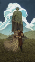  1boy 1girl blue_hair brown_coat closed_eyes closed_mouth clouds coat commentary cumulonimbus_cloud elf english_commentary flower_wreath frieren full_body grass grey_hair highres himmel_(sousou_no_frieren) hug instagram_username lapels long_hair notched_lapels outdoors pointy_ears short_hair smile sousou_no_frieren standing statue twitter_username very_long_hair vey3st 