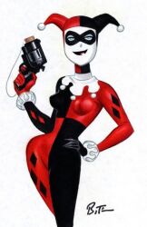  1girl batman:_the_animated_series batman_(series) black_bodysuit black_lips bodysuit bruce_timm concept_art dc_animated_universe dc_comics domino_mask eye_mask full_body gun hand_on_own_hip handgun harley_quinn harley_quinn_(classic) hat holding holding_gun holding_weapon jester_cap jester_costume makeup mask multicolored_bodysuit multicolored_jumpsuit non-web_source official_art production_art red_bodysuit simple_background solo two-tone_bodysuit two-tone_hat weapon white_facepaint 