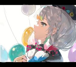  1girl balloon beret black_bow bow chinese_commentary commentary_request expressionless from_side hair_bow hat highres jogasaki_noah korean_commentary letterboxed long_hair mahou_shoujo_no_majo_saiban mengmu multi-tied_hair multicolored_hair polka_dot polka_dot_bow profile solo streaked_hair upper_body white_background white_hair yellow_eyes 