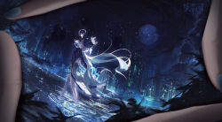  1girl absurdres arm_up back black_coat blue_cape blue_coat blue_hair blue_nails bow cape capelet city_lights closed_eyes coat commentary_request crying dancing dress finger_frame fingernails floating_hair frilled_bow frilled_capelet frilled_dress frilled_shirt_collar frilled_sleeves frills from_behind from_side full_body full_moon furina_(genshin_impact) genshin_impact gradient_hair hamon hand_up hat head_tilt highres holding holding_sword holding_weapon in_water jacket lake long_hair long_sleeves moon multicolored_hair nail_polish night no_shoes outdoors pantyhose plant reflection ripples short_hair shorts solo spooning star_(sky) streaming_tears suit suit_jacket sushispin sword teardrop tearing_up tears thigh-highs tree twintails viewfinder waist_cape water_drop water_drop_hair_ornament water_drop_legwear water_drop_print weapon white_hair white_pantyhose 