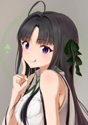  1girl absurdres awa_subaru black_hair breast_pocket breasts collared_shirt commentary_request dress_shirt girls_band_cry green_ribbon grey_background hair_ribbon heart highres index_finger_raised licking_lips long_hair medium_breasts nanafuku neck_ribbon parted_bangs partial_commentary pocket ribbon shirt sidelocks simple_background sleeveless sleeveless_shirt solo tongue tongue_out upper_body violet_eyes white_shirt 