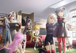  6+girls absurdres bed black_hair blonde_hair blue_eyes bungo_yayoi commentary_request dressing dressing_another eyepatch green_eyes grey_hair heaven_burns_red highres kanzaki_adelheid long_hair metako_(slime_shop) multiple_girls mummy_costume pink_hair purple_hair red_eyes sakuraba_seira satsuki_mari tenne_miko wardrobe yamawaki_bon_ivar 