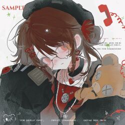  1girl black_choker black_hat black_jacket brown_hair button_eyes buttons choker collarbone commission corded_phone dated earrings english_text hair_ornament hat heart heart_earrings highres holding holding_stuffed_toy izumi_087 jacket jewelry looking_at_viewer medium_hair mihuashi_commission original parted_lips phone red_eyes sample_watermark solo star_(symbol) star_hair_ornament stuffed_animal stuffed_toy teddy_bear teeth upper_body watermark white_background 