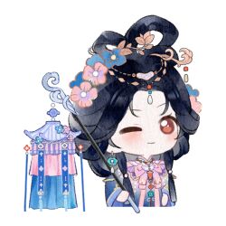  1girl artist_request bead_necklace beads black_hair blue_eyes blue_hanfu brown_eyes carrying_over_shoulder chibi chinese_clothes circle closed_mouth collar cropped_torso earrings eyelashes flower flower_earrings hair_beads hair_flower hair_ornament hair_rings half_updo hand_on_own_hip hanfu happy holding holding_lantern infinity_nikki jewelry lantern light_blush long_hair long_sidelocks long_sleeves looking_at_viewer necklace nikki_(series) official_art one_eye_closed painterly pink_flower purple_collar sidelocks smile solo sticker_(medium) tareme tassel thousand_flames_(infinity_nikki) transparent_background wide_sleeves yunjian 