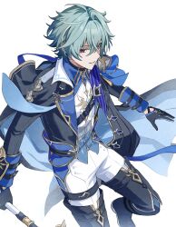  1boy absurdres black_boots black_coat black_gloves blue_coat blue_gem blue_hair boots coat collared_shirt commentary_request crossed_bangs gem genshin_impact gloves hair_between_eyes highres holding holding_weapon lapels lohen_(genshin_impact) looking_to_the_side male_focus pants parted_hair shirt short_hair sideways_glance solo su3ka two-sided_coat two-sided_fabric weapon white_background white_pants wing_collar 