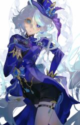  1girl absurdres ahoge ascot blue_eyes blue_hair blue_hat blue_jacket drop-shaped_pupils furina_(genshin_impact) genshin_impact gloves hair_between_eyes hashtag-only_commentary hat heterochromia highres jacket long_hair long_sleeves looking_at_viewer multicolored_hair parted_lips shru_(ss_sl99) solo streaked_hair symbol-shaped_pupils thigh_strap top_hat white_background white_hair 