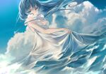  1girl bangs bare_shoulders breasts clouds didtldms0312 dress green_eyes green_hair hair_lift hatsune_miku highres holding holding_clothes holding_dress long_hair looking_at_viewer ocean sky sleeveless smile standing vocaloid waving white_dress 