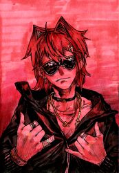  1girl ahoge alternate_costume ange_katrina black_choker black_jacket bracelet choker closed_mouth commentary_request double_shaka_sign earrings gold_necklace hair_intakes hair_ornament hands_up highres jacket jewelry long_sleeves medium_hair multiple_necklaces multiple_piercings multiple_rings necklace nijisanji red_background red_hair ring shaka_sign shou-star single_earring smirk solo straight-on sunglasses traditional_media triangle_hair_ornament upper_body virtual_youtuber 