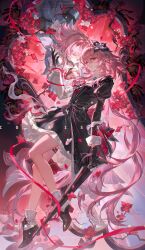  2girls absurdres asymmetrical_sleeves black_choker black_flower black_gloves branch chinese_commentary choker closed_eyes commentary_request commission dress dual_persona evernight_(honkai:_star_rail) floating_hair flower full_body gloves hair_between_eyes hair_ornament hairclip hand_up highres holding holding_umbrella honkai:_star_rail honkai_(series) layered_dress long_hair long_sleeves looking_at_viewer march_7th_(honkai:_star_rail) march_7th_(preservation)_(honkai:_star_rail) medium_hair mismatched_sleeves multiple_girls own_hands_clasped own_hands_together partially_fingerless_gloves pink_hair red_eyes red_flower ribbon shoes single_glove skirt smile smusmuye thigh_strap umbrella very_long_hair white_flower 