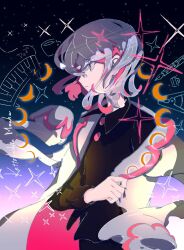  1girl aozukikawasemi black_shirt buttons closed_mouth coat coat_on_shoulders collared_shirt colored_eyelashes colored_inner_hair commentary_request crescent_moon facing_to_the_side grey_eyes highres kettobashita_moufu_(zutomayo) light_frown long_sleeves moon multicolored_hair nira-chan nira-chan_(kettobashita_moufu)_(zutomayo) pink_hair romaji_text shirt short_hair solo song_name white_coat white_eyelashes white_hair zutto_mayonaka_de_ii_no_ni 